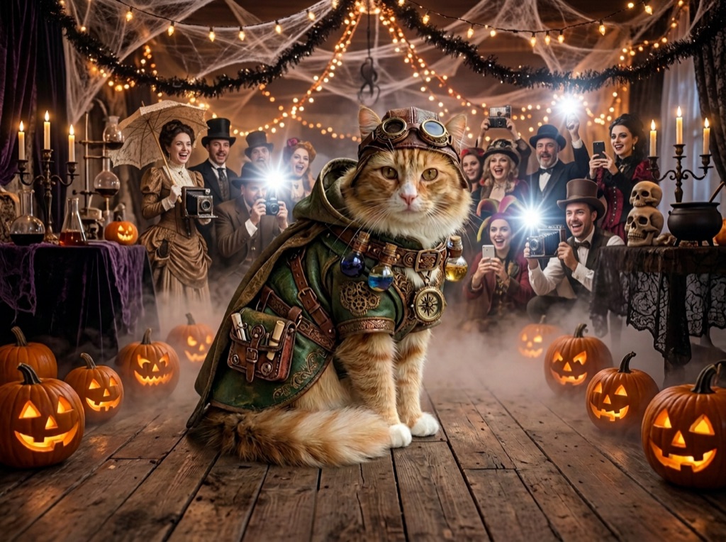 {keyword} example: cat in a steampunk costume at a crowded Halloween party